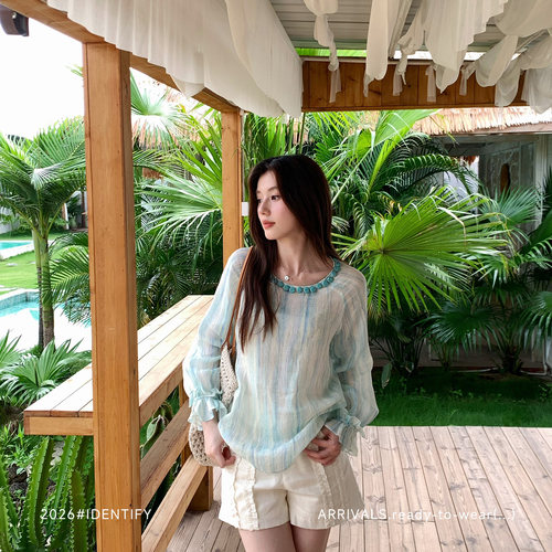 休闲百搭竖条木耳边亚麻直筒短裤