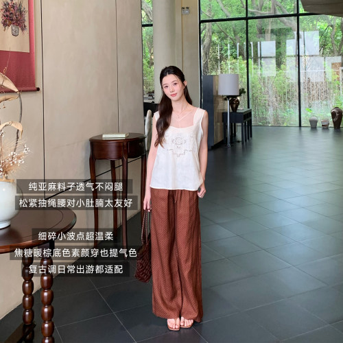 夏季亚麻波点松紧垂感阔腿裤