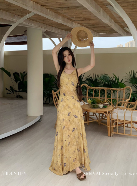 IDENTIFY 复古碎花人丝斜裁无袖连衣裙女夏季黄色垂感修身背心裙