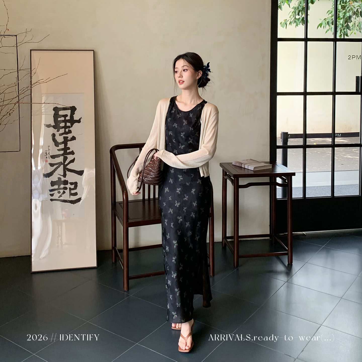 IDENTIFY 新中式蝴蝶印花开叉真丝连衣裙女夏季复古国风修身长裙