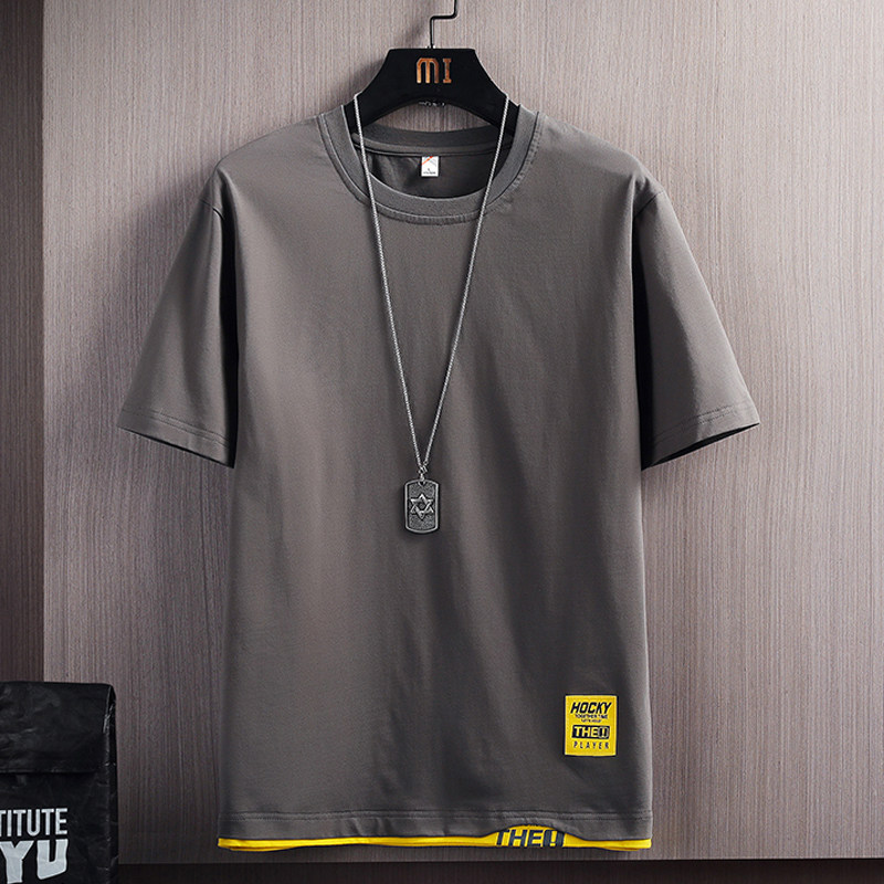 SUMMER SHORT SLEEVE T-SHIRT MENS TRENDY BRAND COTTON 2023 NEW TREND FAKE TWO HALF-SLEEVED MENS BASE SHIRTS