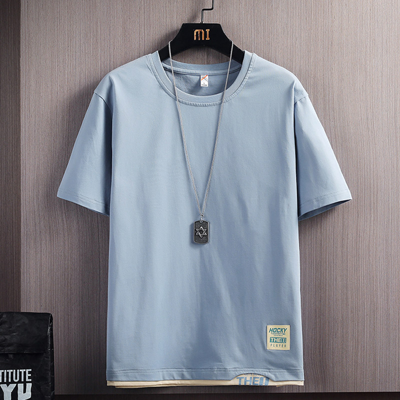 SUMMER SHORT SLEEVE T-SHIRT MENS TRENDY BRAND COTTON 2023 NEW TREND FAKE TWO HALF-SLEEVED MENS BASE SHIRTS