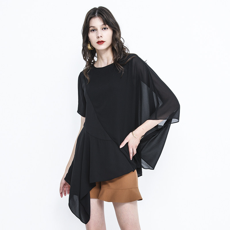 2020夏新原创设计感师款女装黑色仙洋气质雪纺衫短袖上衣显瘦遮肚