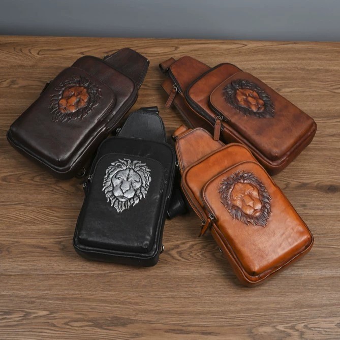 胸包男真皮复古风狮子头斜挎包单肩包头层牛皮胸前包全皮高档男包