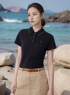 波浪花边商场同款哈家女装夏季甜美撞色polo领短袖t恤纯棉上衣女