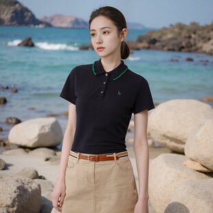 甜美撞色polo领短袖 夏季 t恤纯棉上衣女 哈家女装 波浪花边商场同款
