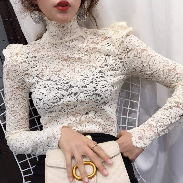 秋冬新款半高领泡泡袖蕾丝衫女网纱洋气修身百搭打底衫内搭长袖潮|msdalam kategori Butik wanita / wanita, baju lace/baju chiffon - dari Buy2taobao.com untuk memberikan perkhidmatan ejen Taobao profesional membeli