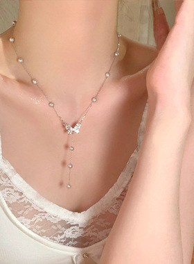 2026年新款闪锆满天星蝴蝶珍珠项链女轻奢小众高级感choker锁骨链