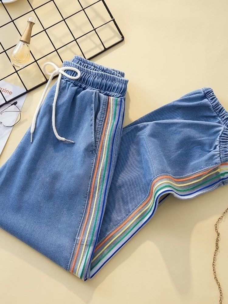 LEAK DISCOUNT LIGHT TENCEL JEANS WOMENS CONTRAST SIDE STRIPES RAINBOW STRIPE HAREM PANTS LOOSE LEGGINGS CROPPED PANTS
