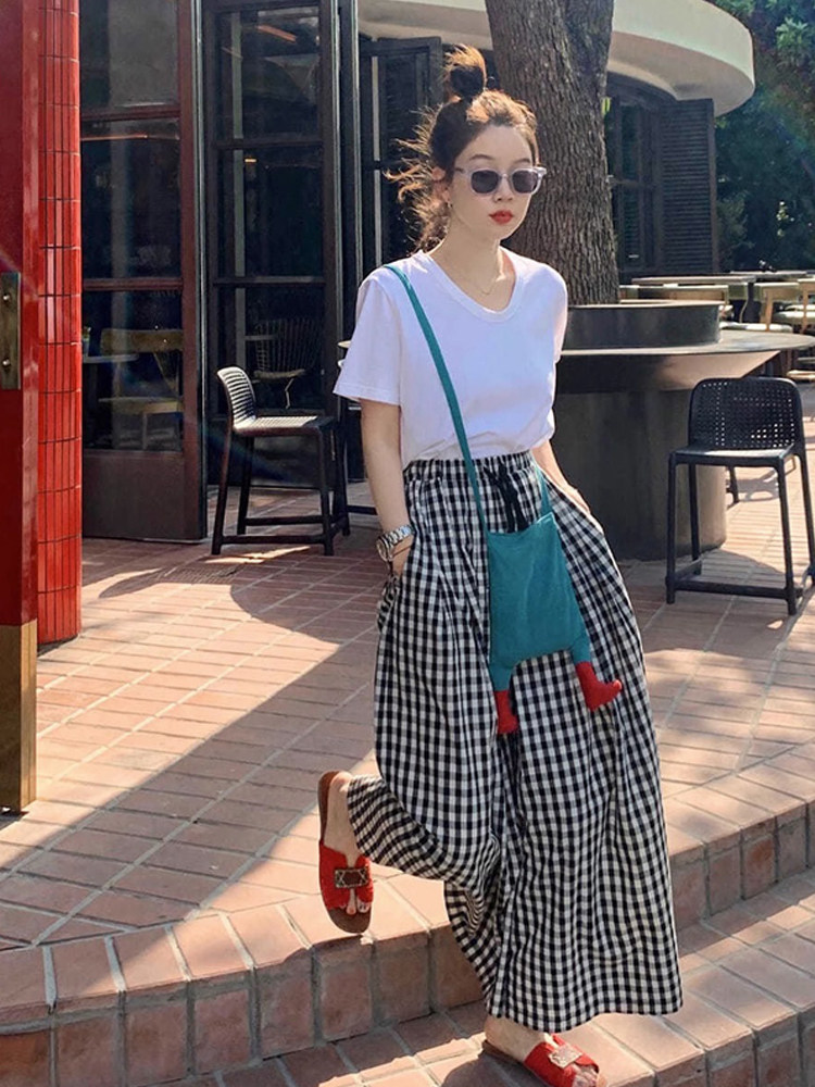 FOREIGN TRADE CLEARANCE LEAKAGE OF THE ORIGINAL BLACK AND WHITE PLAID WIDE-LEG CULOTTES WOMENS SUMMER ELASTIC WAIST LOOSE AND VERSATILE CASUAL PANTS