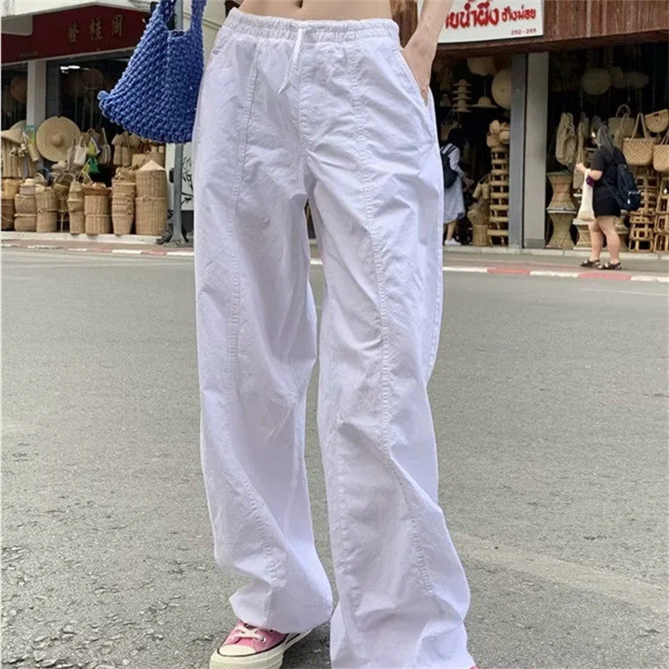 美式复古工装阔腿裤女早秋抽绳松紧腰薄款长裤子爵士裤休闲裤
