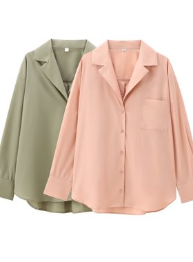 欧美女装2025秋长袖翻领宽松口袋大版慵懒风中长款休闲衬衫 61231