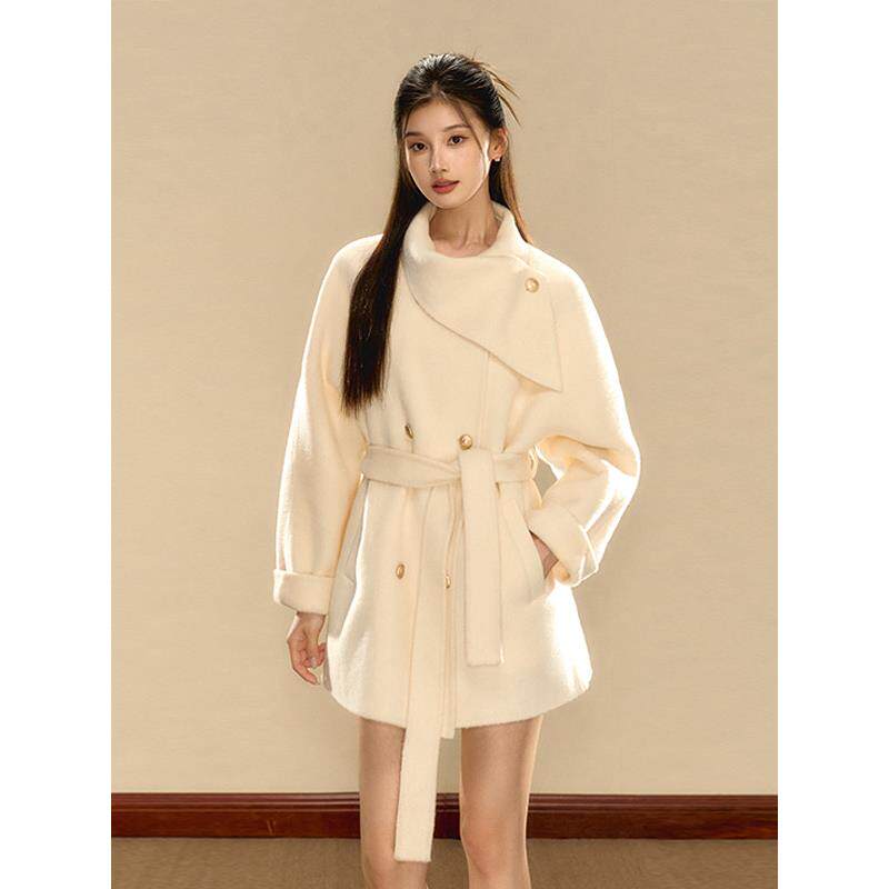 千金羊绒毛呢外套女2025冬季新款韩系围脖金扣小个子双面呢子大衣