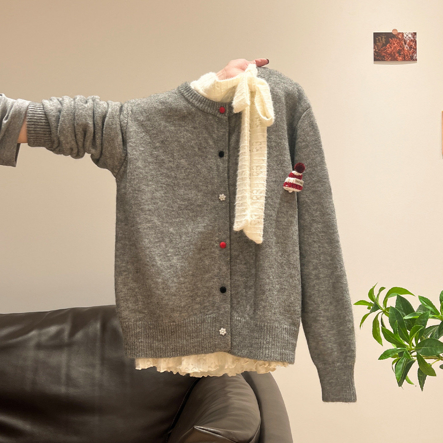 韩系氛围感穿搭针织开衫加厚毛衣女秋冬季内搭蕾丝长袖上衣两件套