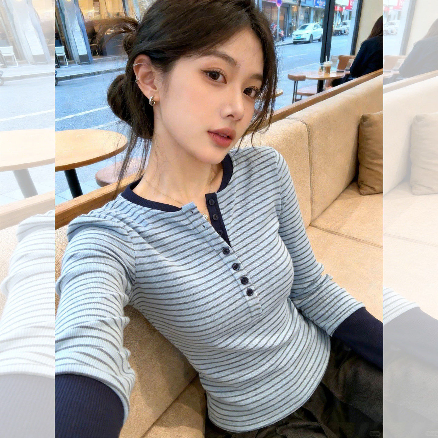 浅蓝撞色亨利领条纹修身T恤女2026春季韩版休闲时尚独特别致上衣