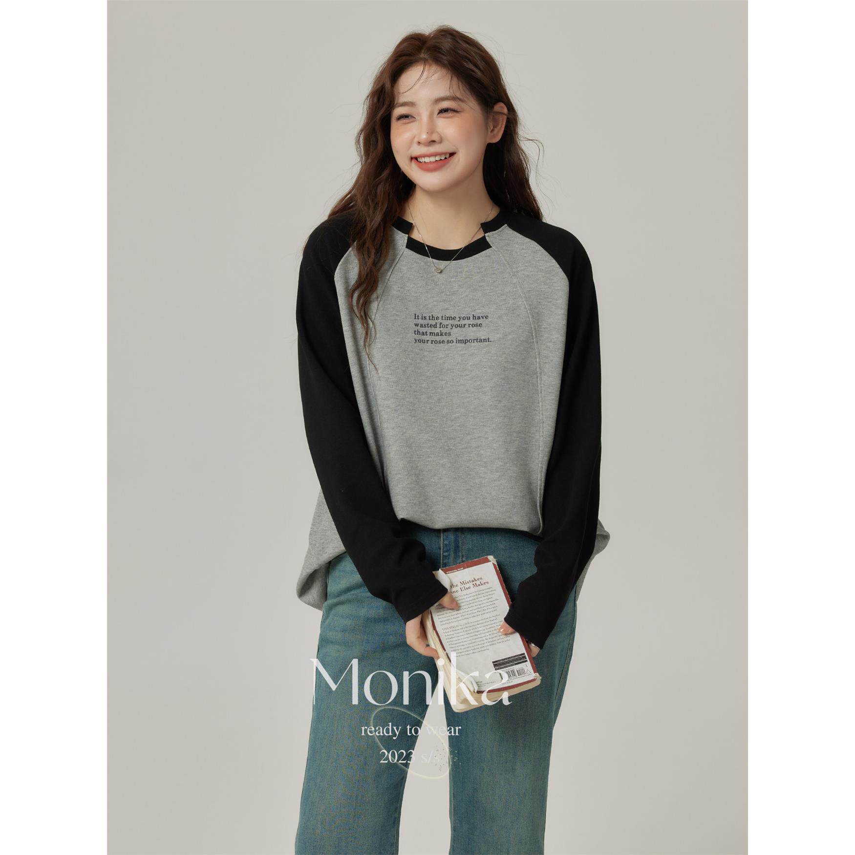 大码春季新款韩版撞色插肩袖字母印花圆领卫衣女胖mm休闲百搭上衣