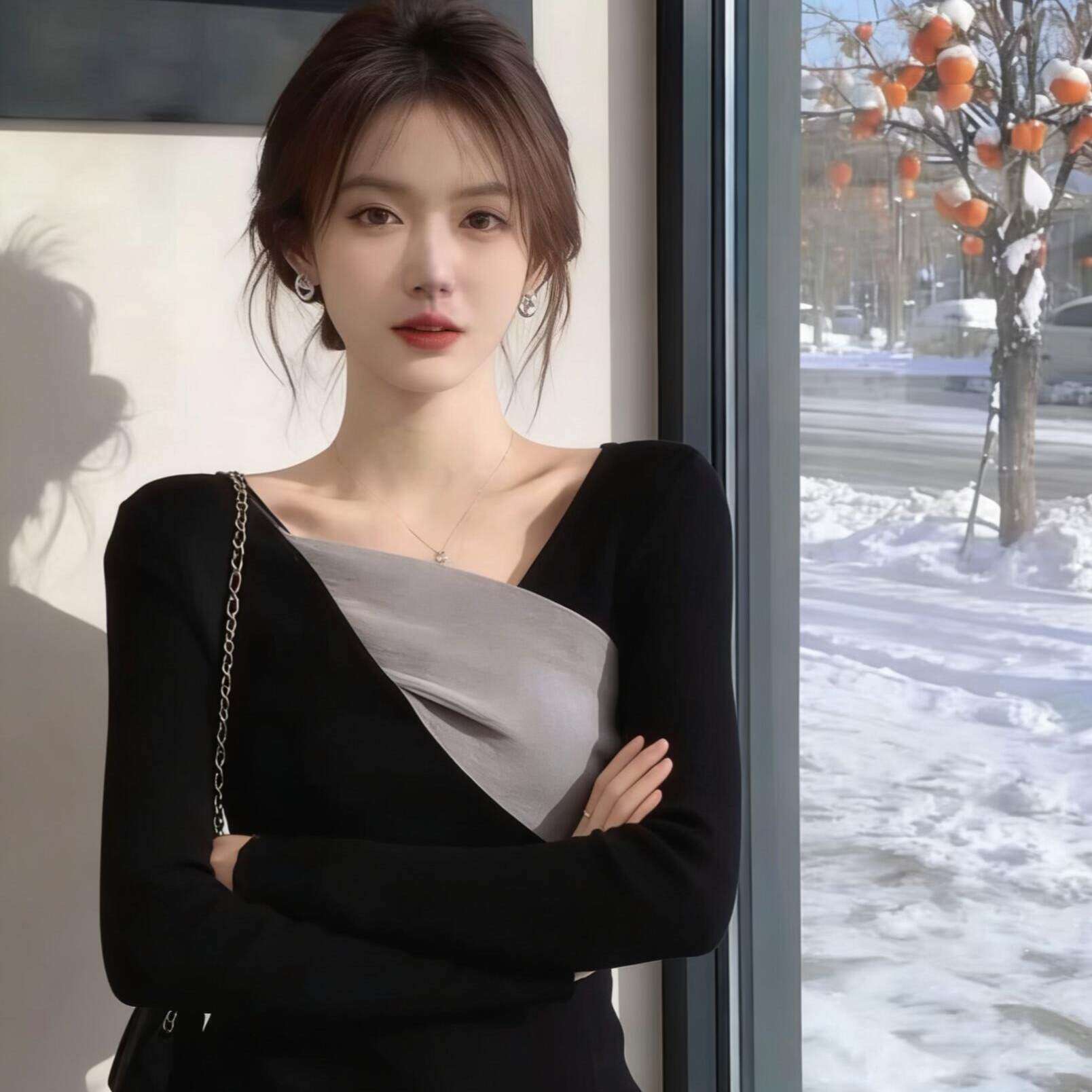 不规则黑色v领内搭打底衫长袖t恤女秋冬季设计感撞色拼接气质上衣