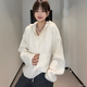 胖mm显瘦内搭打底衫 大码 上衣春秋款 慵懒风白色连帽毛衣针织衫 女装