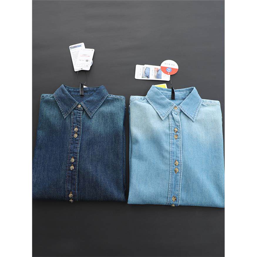 春款高品质！纯棉牛仔衬衫女覆古水洗渐变色翻领叠穿上衣女不卷边