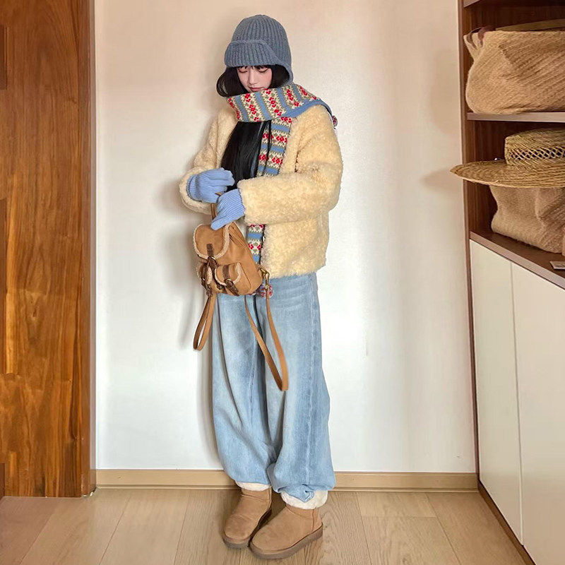 浅蓝窄版阔腿加绒牛仔裤女2026年春季新款高腰显瘦宽松拖地直筒裤