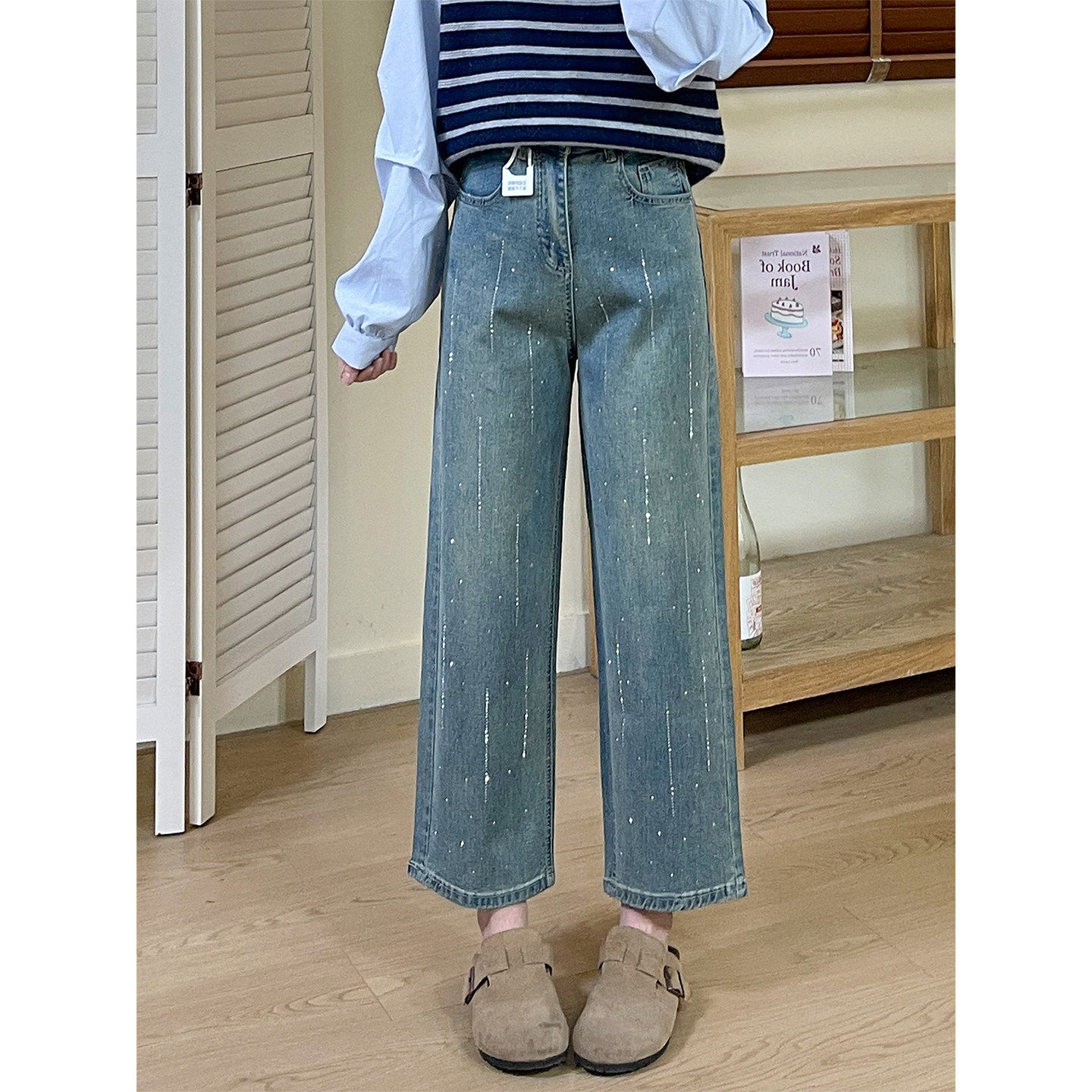 设计感烫钻直筒牛仔裤女2026春季新款胖mm梨型身材高腰显瘦烟管裤