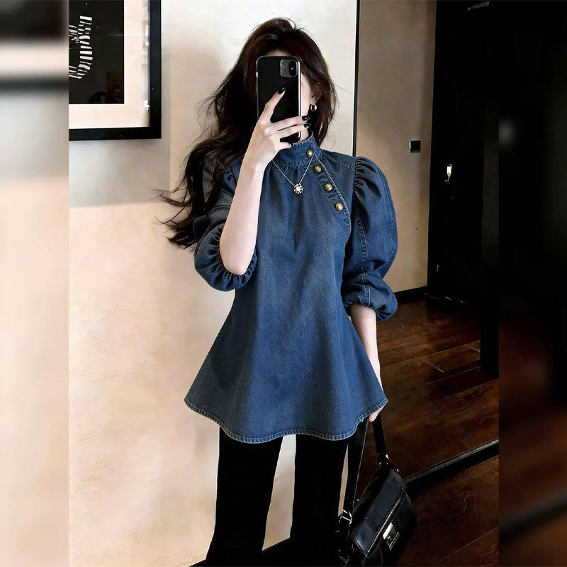 气质牛仔衬衫立领设计高级感温柔风小众减龄女装2026春季新款时尚