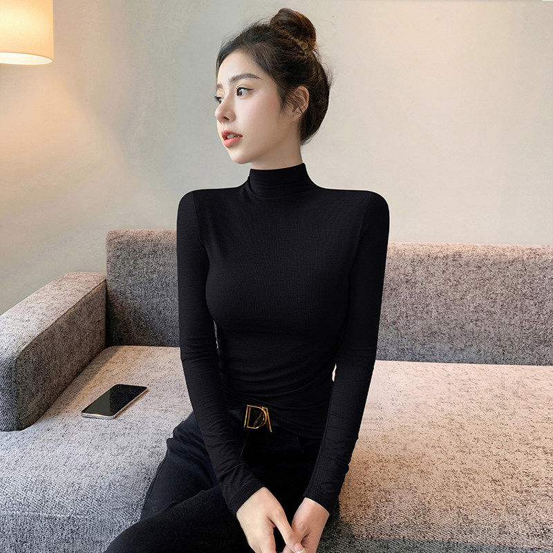 黑色半高领打底衫女2025新款春秋冬内搭T恤修身洋派长袖针织上衣