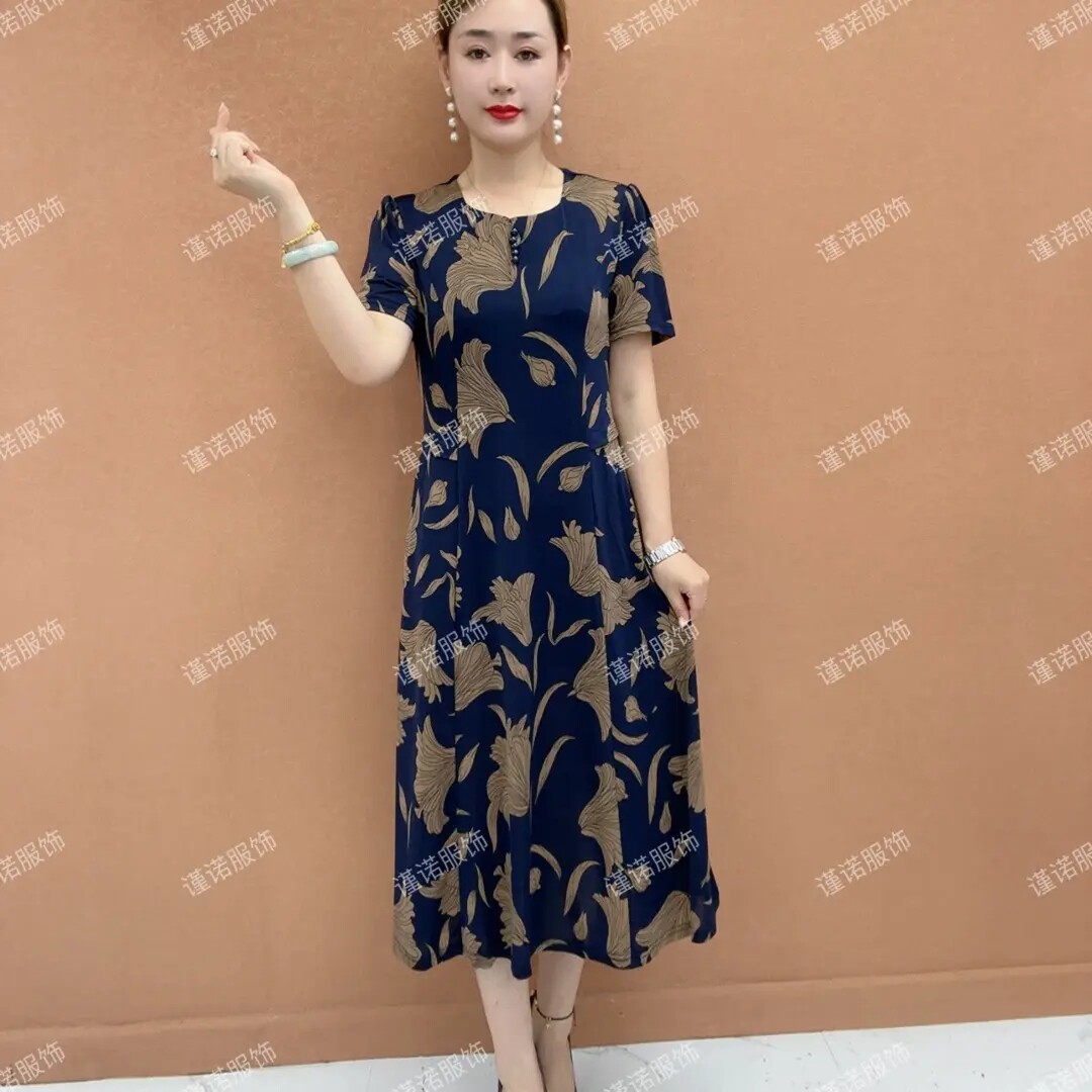 气质短袖连衣裙女中老年妈妈装大码显瘦收腰中长款洋气90-175可穿