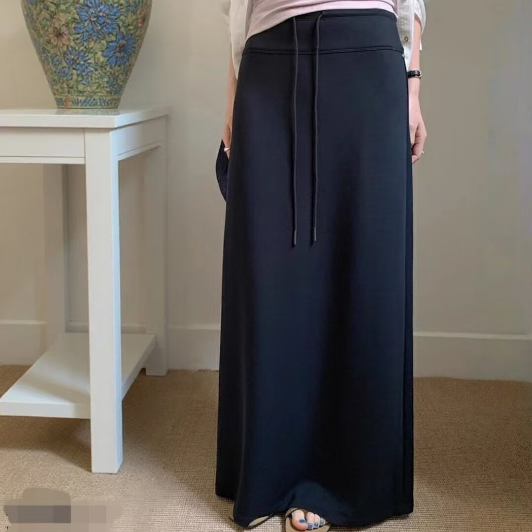 空气棉黑色半身裙女2026春夏新款百搭高腰抽绳直筒中长款a字裙子