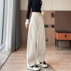 休闲高腰镰刀牛仔裤女2025冬白色阔腿弯刀裤显瘦长裤女士冬季