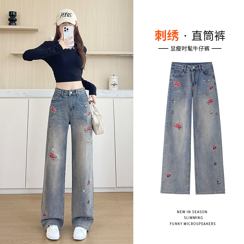 刺绣花朵直筒牛仔裤女显瘦百搭