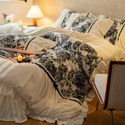 冬季法式复古田园花卉加厚牛奶绒四件套珊瑚绒法兰绒床单被套床品