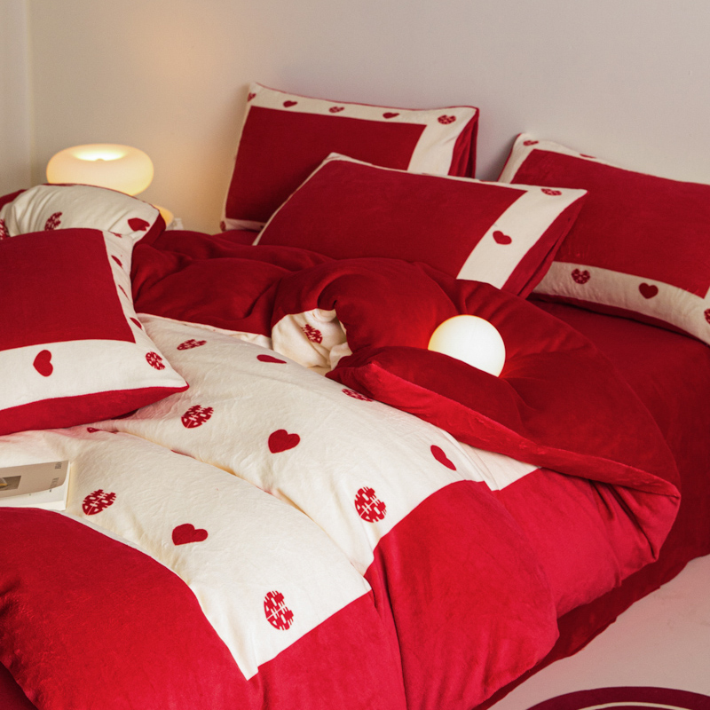 冬季加厚牛奶绒四件套结