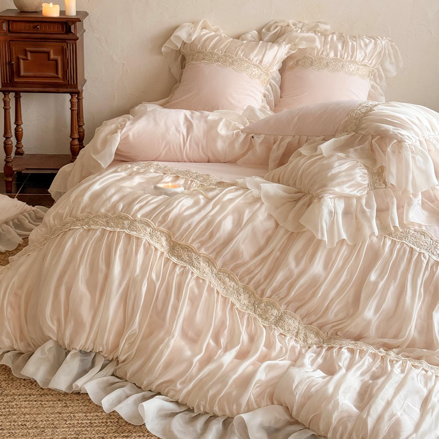 法式冬季少女加厚保暖婴儿绒四件套公主风牛奶绒蕾丝被套夹棉床盖