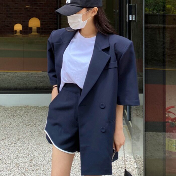 韩国chic2026夏季薄款双排扣翻领休闲短袖西装外套时尚百搭开衫女