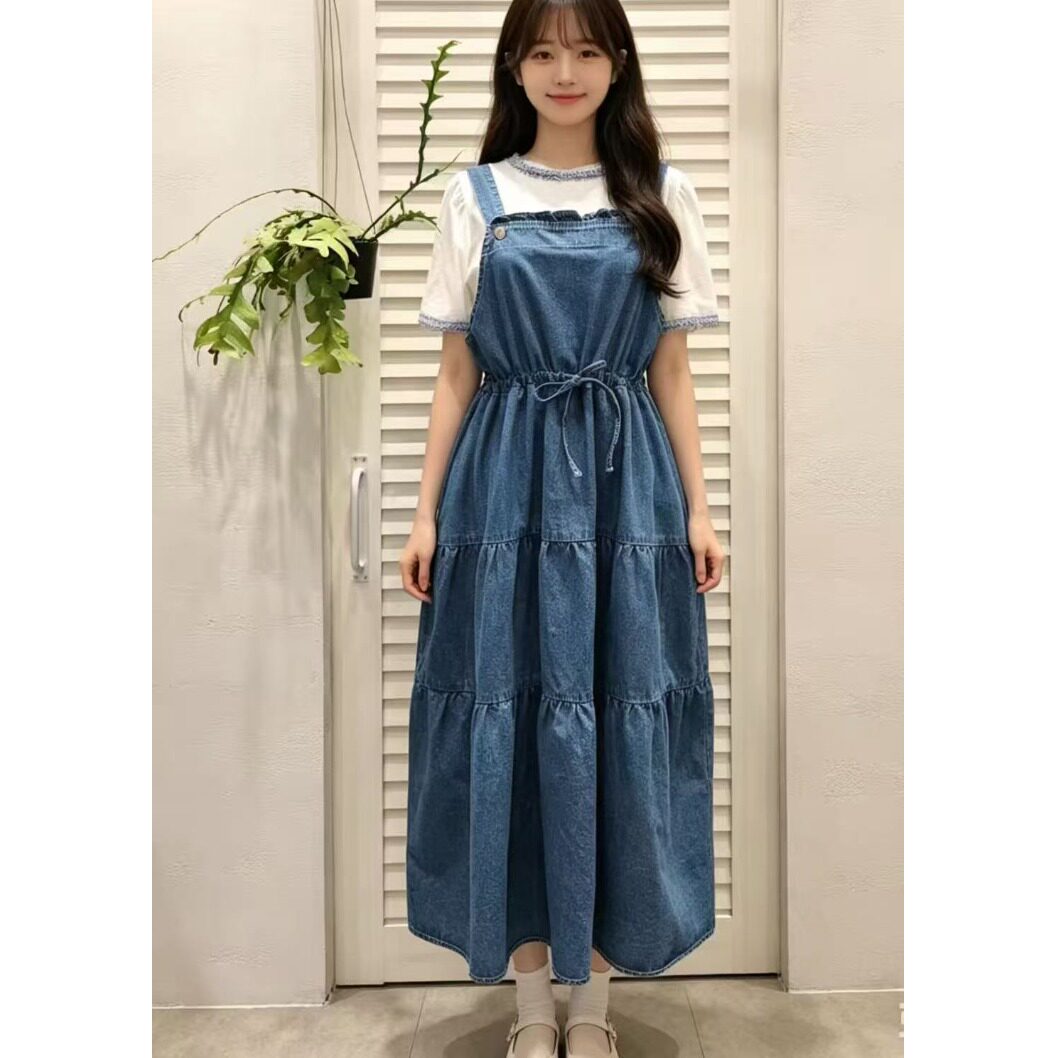 韩国2026夏季新品气质系带束腰百搭休闲背带连衣裙中长款裙子女