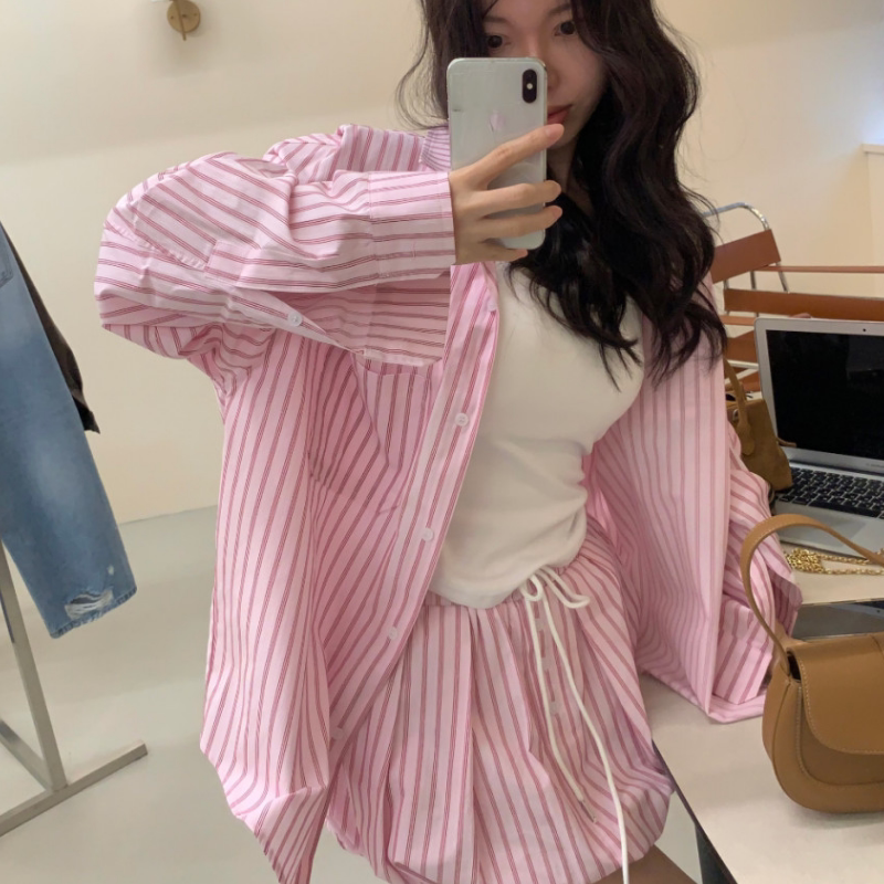 韩国chic2026秋季法式条纹长袖衬衫+松紧腰半身裙裤子休闲两件套