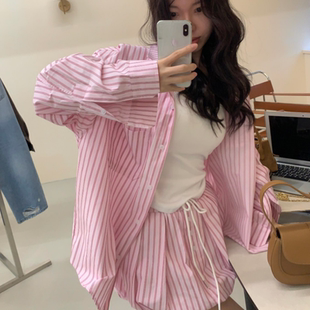 韩国chic2026秋季法式条纹长袖衬衫+松紧腰半身裙裤子休闲两件套