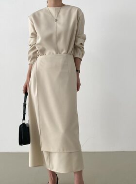 韩国chic 法式极简圆领系带围裙两件套连衣裙2026秋季新品裙子女