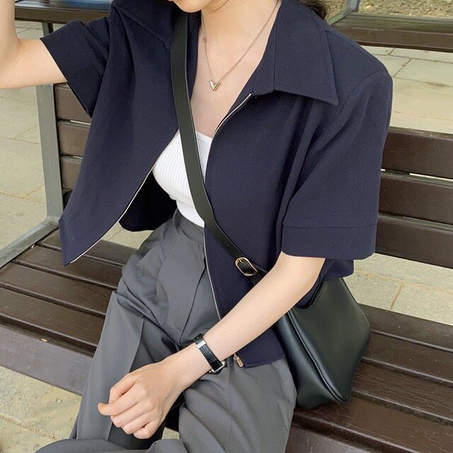 韩国chic2026夏季新品极简风拉链设计垫肩衬衫气质显瘦开衫外套女