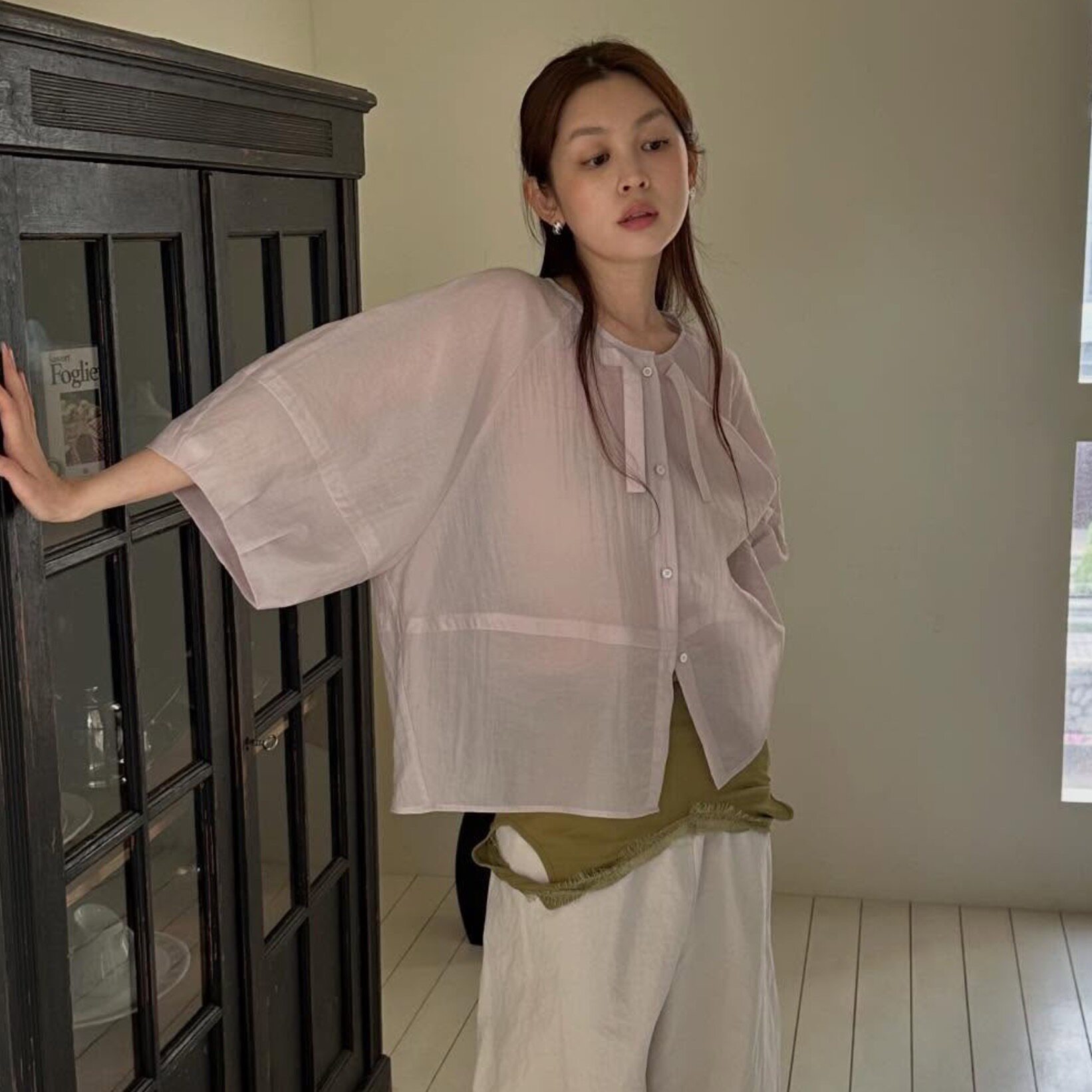 chic韩国26夏季甜美风泡泡袖系带宽松短袖衬衫小众设计上衣穿搭