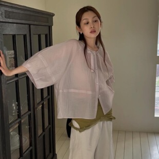 chic韩国26夏季甜美风泡泡袖系带宽松短袖衬衫小众设计上衣穿搭