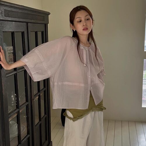 chic韩国26夏季甜美风泡泡袖系带宽松短袖衬衫小众设计上衣穿搭