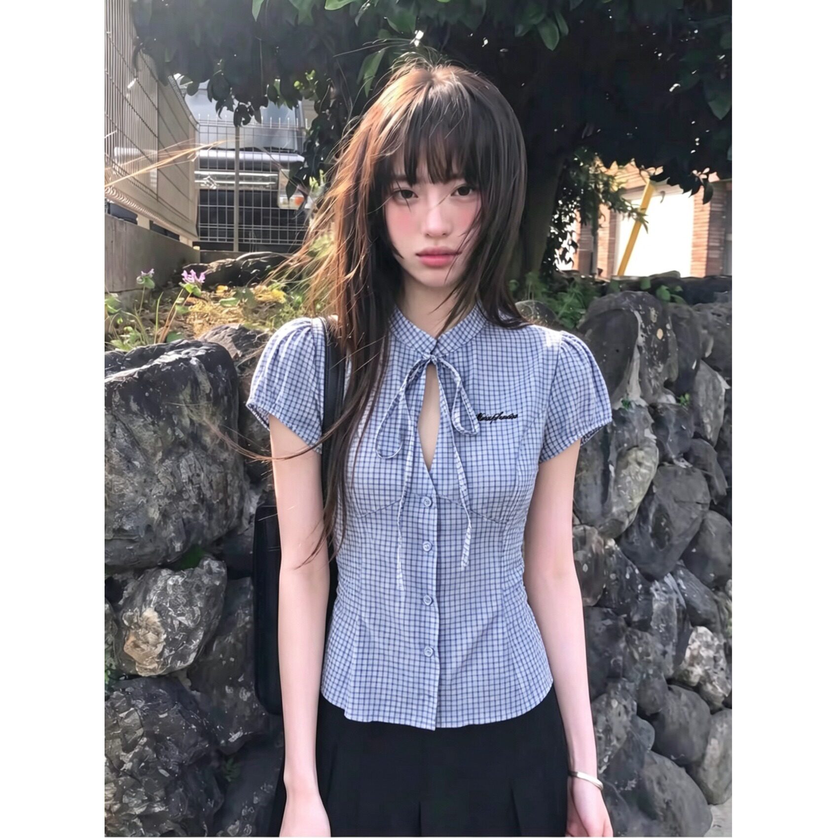 日系优质版韩系格纹短袖衬衫女2026夏季蝴蝶结镂空系带收腰衬衣