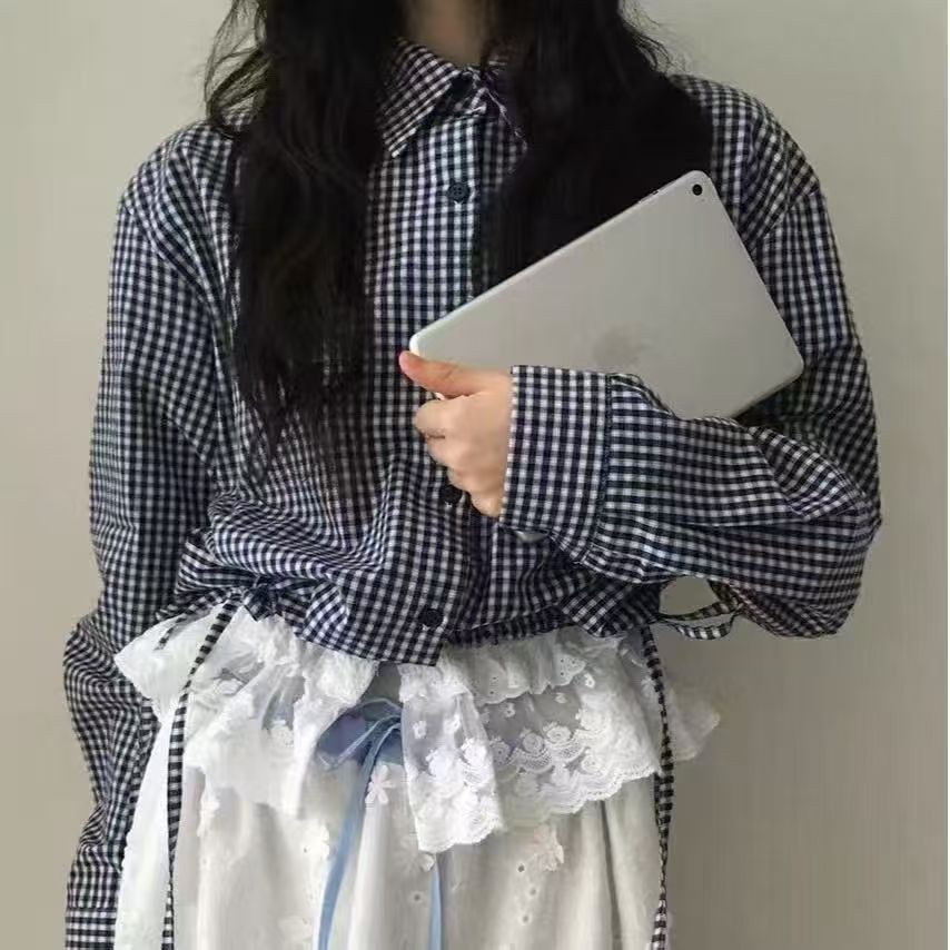 韩国东大门2026春季新款韩版格子拼接蕾丝上衣女宽松显瘦长袖衬衫