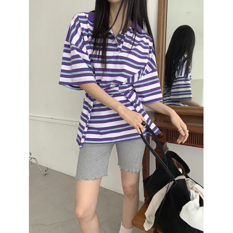 chic韩国东大门翻领条纹系带基础短袖休闲百搭T恤2026夏季新品女