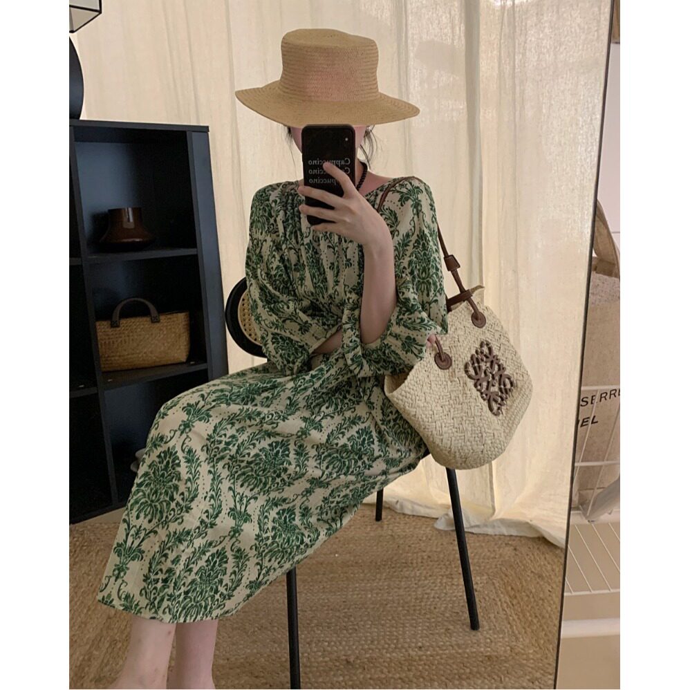 韩风chic2026夏气质法式高级感连衣裙女大码宽松显瘦灯笼袖长裙