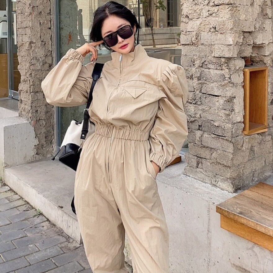 韩国chic2026秋季网红时尚洋气泡泡袖显瘦高腰帅气工装连体裤女
