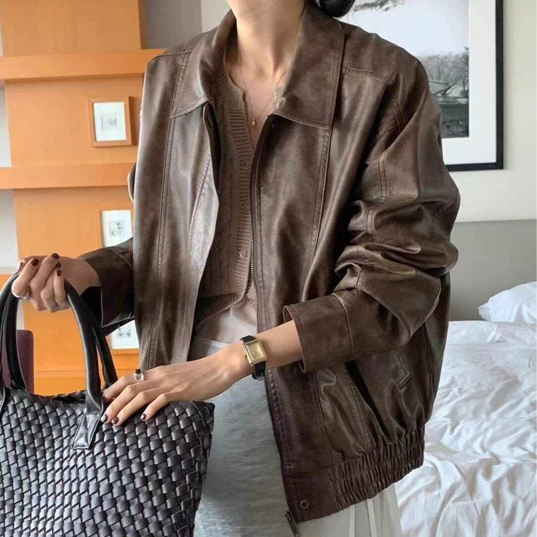 韩系chic2026秋帅气做旧翻领拉链宽松百搭BF风机车服PU皮衣外套