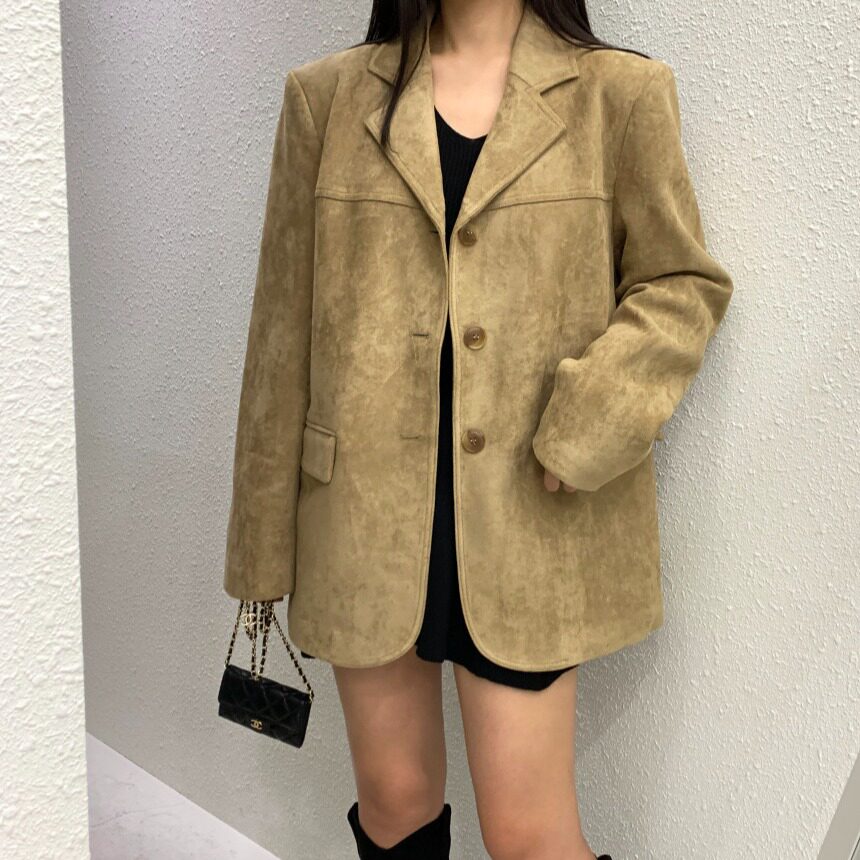 chic韩国2026秋冬美式复古咖色鹿皮绒西装外套美拉德长袖西服女